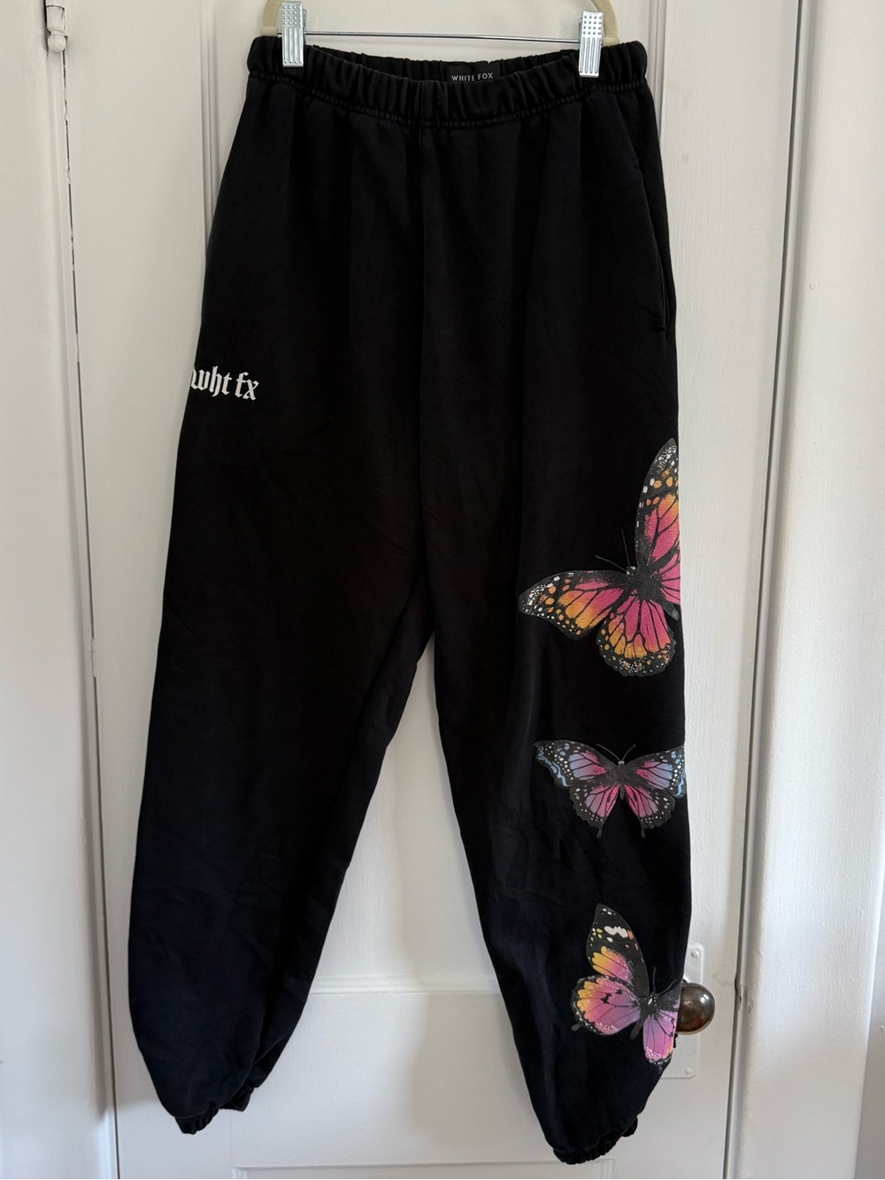 White Fox Black Butterfly Sweatpants Size Small Cozy Graphic Joggers